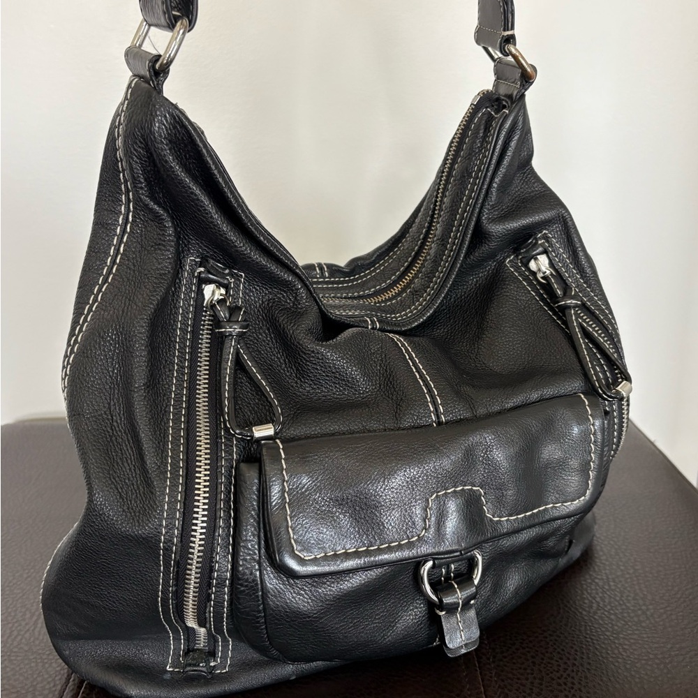 Black Hobo Bag with Pebbled Leather and Silver Hardware